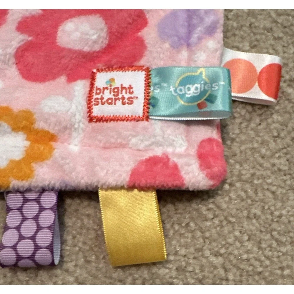 Bright Starts Tag Pink Flowers Baby Lovey Security Blanket Tags Teething 12